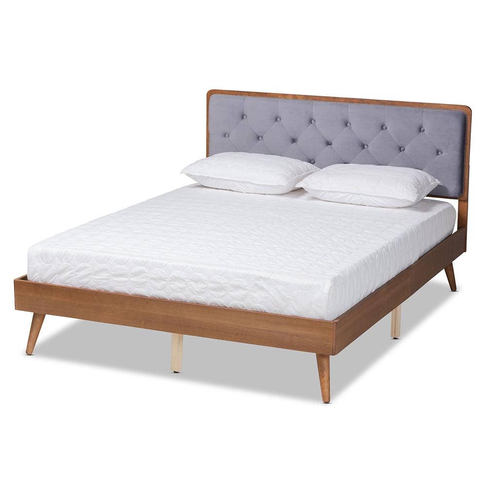 BAXTON STUDIO LARUE MODERN AND CONTEMPORARY GREY VELVET FABRIC UPHOLSTERED AND WALNUT BROWN FINISHED WOOD FULL SIZE PLATFORM BED - zzhomelifestyle