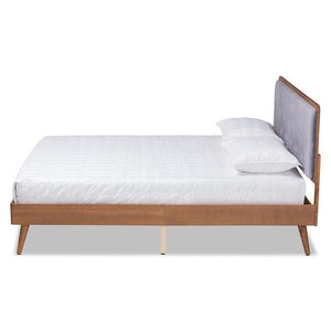 BAXTON STUDIO LARUE MODERN AND CONTEMPORARY GREY VELVET FABRIC UPHOLSTERED AND WALNUT BROWN FINISHED WOOD FULL SIZE PLATFORM BED - zzhomelifestyle