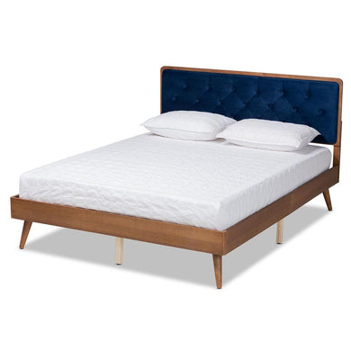 BAXTON STUDIO LARUE MODERN AND CONTEMPORARY NAVY BLUE VELVET FABRIC UPHOLSTERED AND WALNUT BROWN FINISHED WOOD FULL SIZE PLATFORM BED - zzhomelifestyle