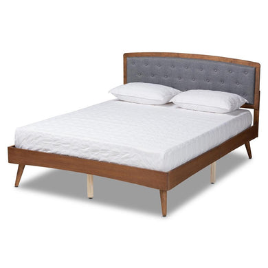 BAXTON STUDIO RATANA MID-CENTURY MODERN TRANSITIONAL GREY FABRIC UPHOLSTERED AND WALNUT BROWN FINISHED WOOD FULL SIZE PLATFORM BED - zzhomelifestyle