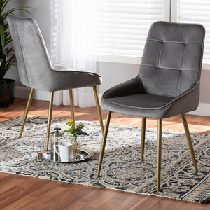 BAXTON STUDIO GAVINO MODERN LUXE AND GLAM GREY VELVET FABRIC UPHOLSTERED AND GOLD FINISHED METAL 2-PIECE DINING CHAIR SET - zzhomelifestyle