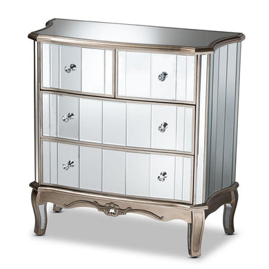 BAXTON STUDIO ELGIN CONTEMPORARY GLAM AND LUXE BRUSHED SILVER FINISHED WOOD AND MIRRORED GLASS 4-DRAWER CABINET - zzhomelifestyle