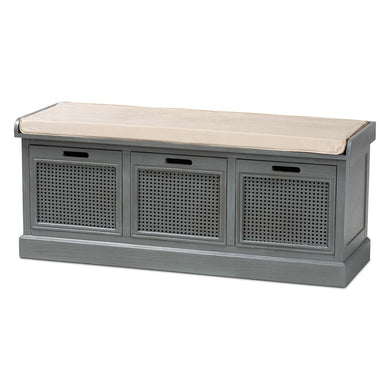 BAXTON STUDIO SHELDON MODERN AND CONTEMPORARY VINTAGE BEIGE FABRIC UPHOLSTERED GREY FINISHED WOOD AND SYNTHETIC RATTAN 3-DRAWER ENTRYWAY SHOE STORAGE BENCH - zzhomelifestyle