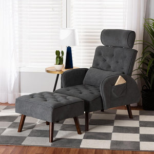 BAXTON STUDIO HALDIS MODERN AND CONTEMPORARY GREY VELVET FABRIC UPHOLSTERED AND WALNUT BROWN FINISHED WOOD 2-PIECE LOUNGE CHAIR AND OTTOMAN SET - zzhomelifestyle