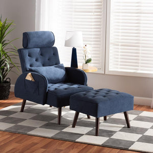 BAXTON STUDIO HALDIS MODERN AND CONTEMPORARY NAVY BLUE VELVET FABRIC UPHOLSTERED AND WALNUT BROWN FINISHED WOOD 2-PIECE LOUNGE CHAIR AND OTTOMAN SET - zzhomelifestyle
