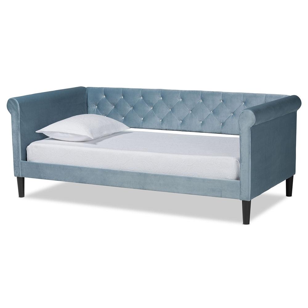 BAXTON STUDIO CORA MODERN AND CONTEMPORARY LIGHT BLUE VELVET FABRIC UPHOLSTERED AND DARK BROWN FINISHED WOOD FULL SIZE DAYBED - zzhomelifestyle