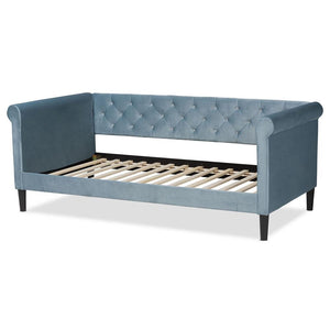 BAXTON STUDIO CORA MODERN AND CONTEMPORARY LIGHT BLUE VELVET FABRIC UPHOLSTERED AND DARK BROWN FINISHED WOOD FULL SIZE DAYBED - zzhomelifestyle