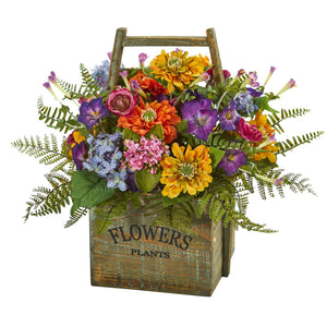 Mixed Floral Artificial Arrangement in Wood Basket - zzhomelifestyle