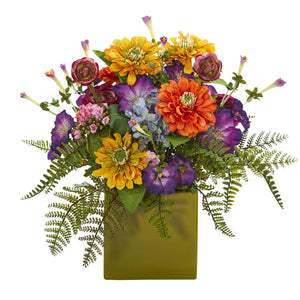 Mixed Floral Artificial Arrangement in Green Vase - zzhomelifestyle
