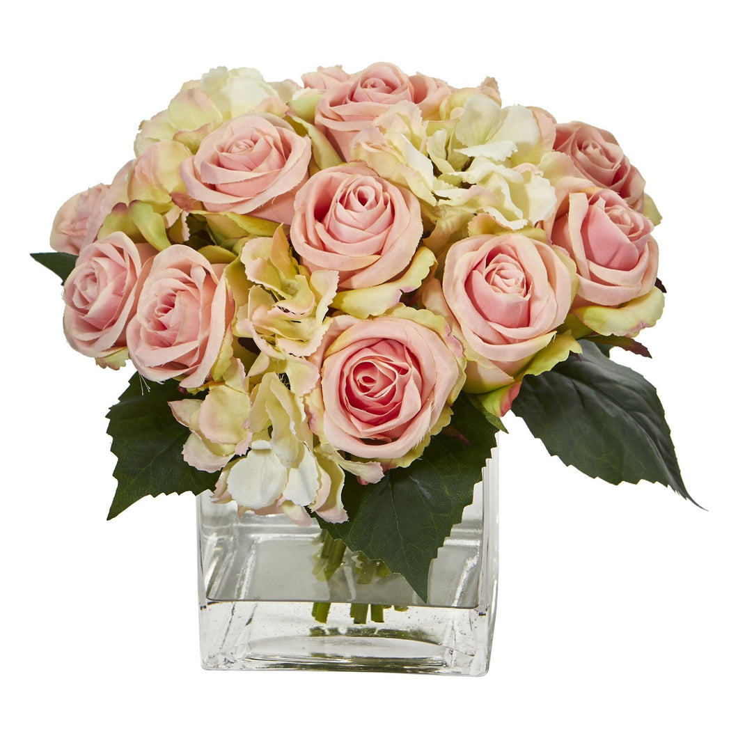 Rose and Hydrangea Bouquet Artificial Arrangement in Vase - zzhomelifestyle