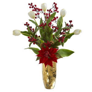 28" Tulip, Poinsettia and Berry Artificial Arrangement in Golden Vase - zzhomelifestyle