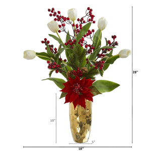 28" Tulip, Poinsettia and Berry Artificial Arrangement in Golden Vase - zzhomelifestyle
