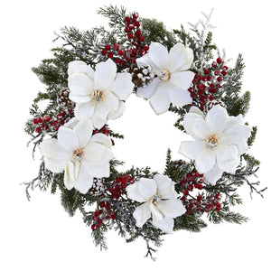 22" Snowed Magnolia & Berry Wreath - zzhomelifestyle