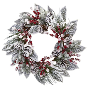 24" Snowy Magnolia Berry Artificial Wreath - zzhomelifestyle