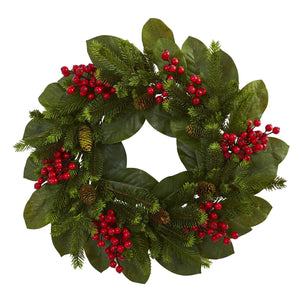 24" Magnolia Leaf, Berry and Pine Artificial Wreath - zzhomelifestyle
