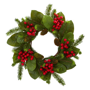 19" Magnolia Leaf, Berry and Pine Artificial Wreath - zzhomelifestyle