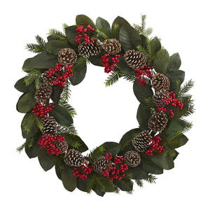 30" Magnolia Leaf, Berry, Pine and Pine Cone Artificial Wreath - zzhomelifestyle