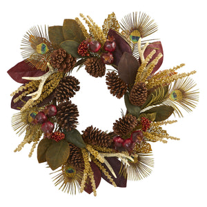 27" Magnolia Leaf, Berry, Antler and Peacock Feather Artificial Wreath - zzhomelifestyle