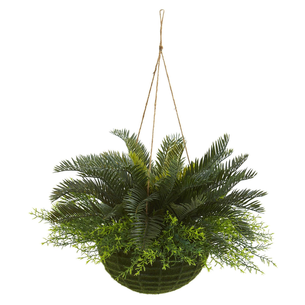 Cycas Artificial Plant in Mossy Hanging Basket (Indoor/Outdoor) - zzhomelifestyle