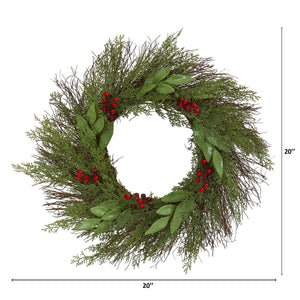 20" Cedar and Ruscus with Berries Artificial Wreath - zzhomelifestyle