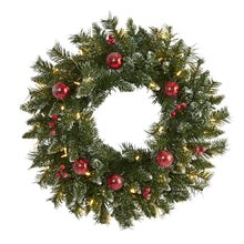 Load image into Gallery viewer, 24&quot; Frosted Artificial Christmas Wreath with 50 Warm White LED Lights, Ornaments and Berries - zzhomelifestyle