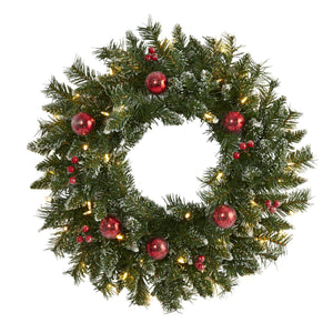 24" Frosted Artificial Christmas Wreath with 50 Warm White LED Lights, Ornaments and Berries - zzhomelifestyle