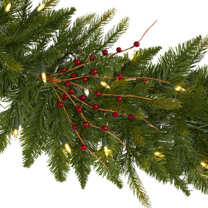 6' Christmas Pine Artificial Garland with 50 Warm White LED Lights and Berries - zzhomelifestyle