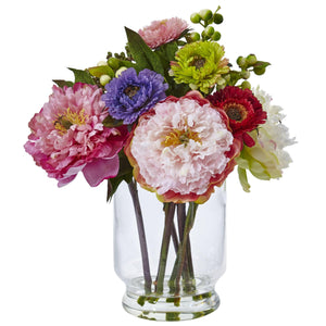 Peony and Mum in Glass Vase - zzhomelifestyle