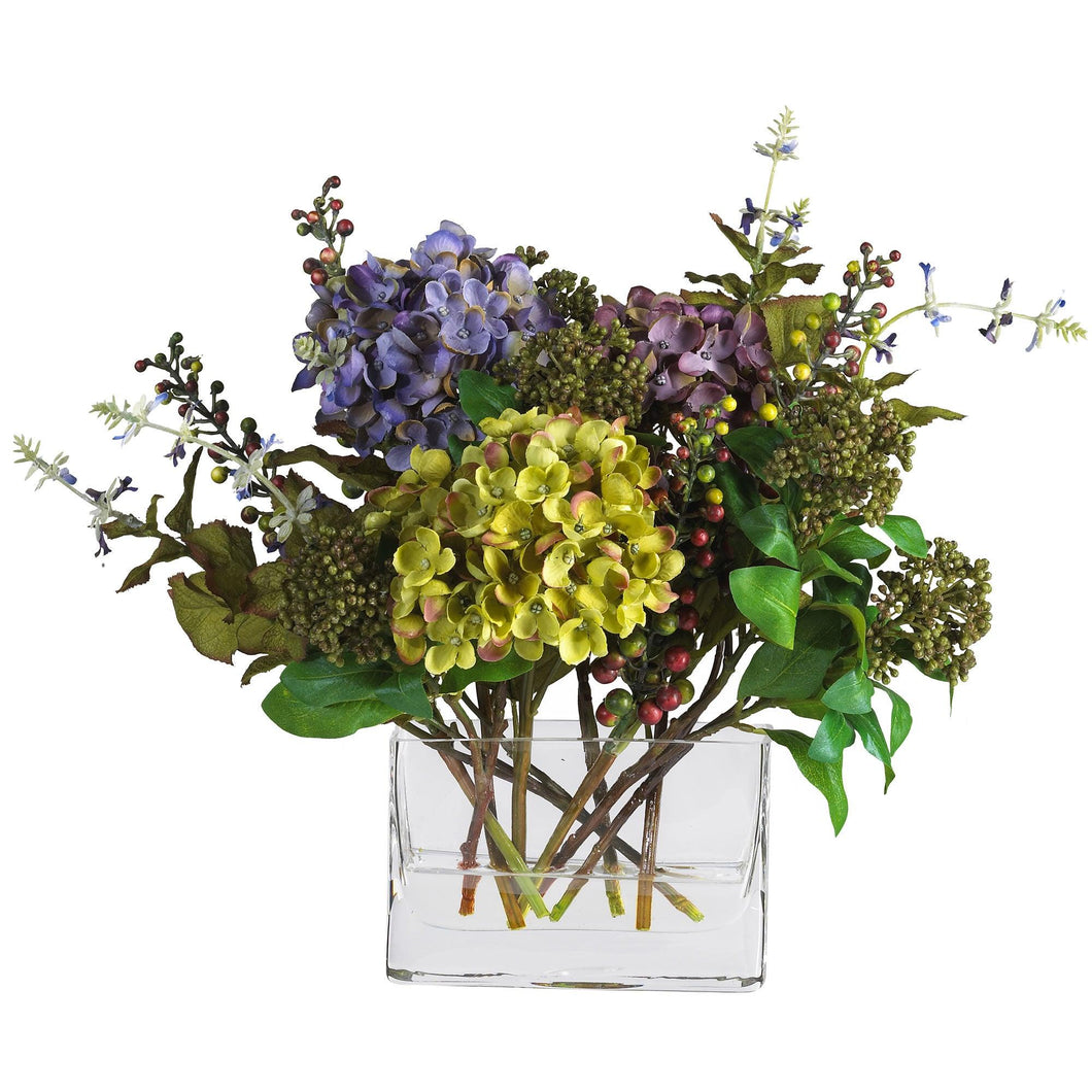 Mixed Hydrangea w/Rectangle Vase Silk Flower Arrangement - zzhomelifestyle