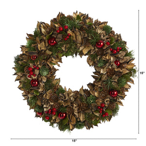 15" Holiday Artificial Wreath with Pine Cones and Ornaments - zzhomelifestyle