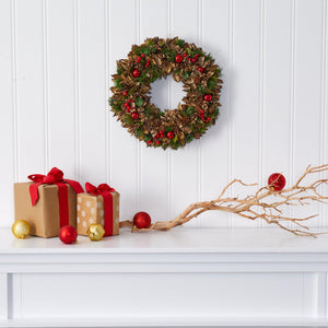 15" Holiday Artificial Wreath with Pine Cones and Ornaments - zzhomelifestyle