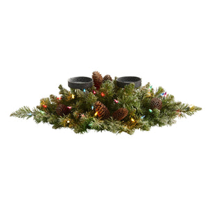 24" Flocked Artificial Christmas Double Candelabrum with 35 Multicolored Lights and Pine Cones - zzhomelifestyle