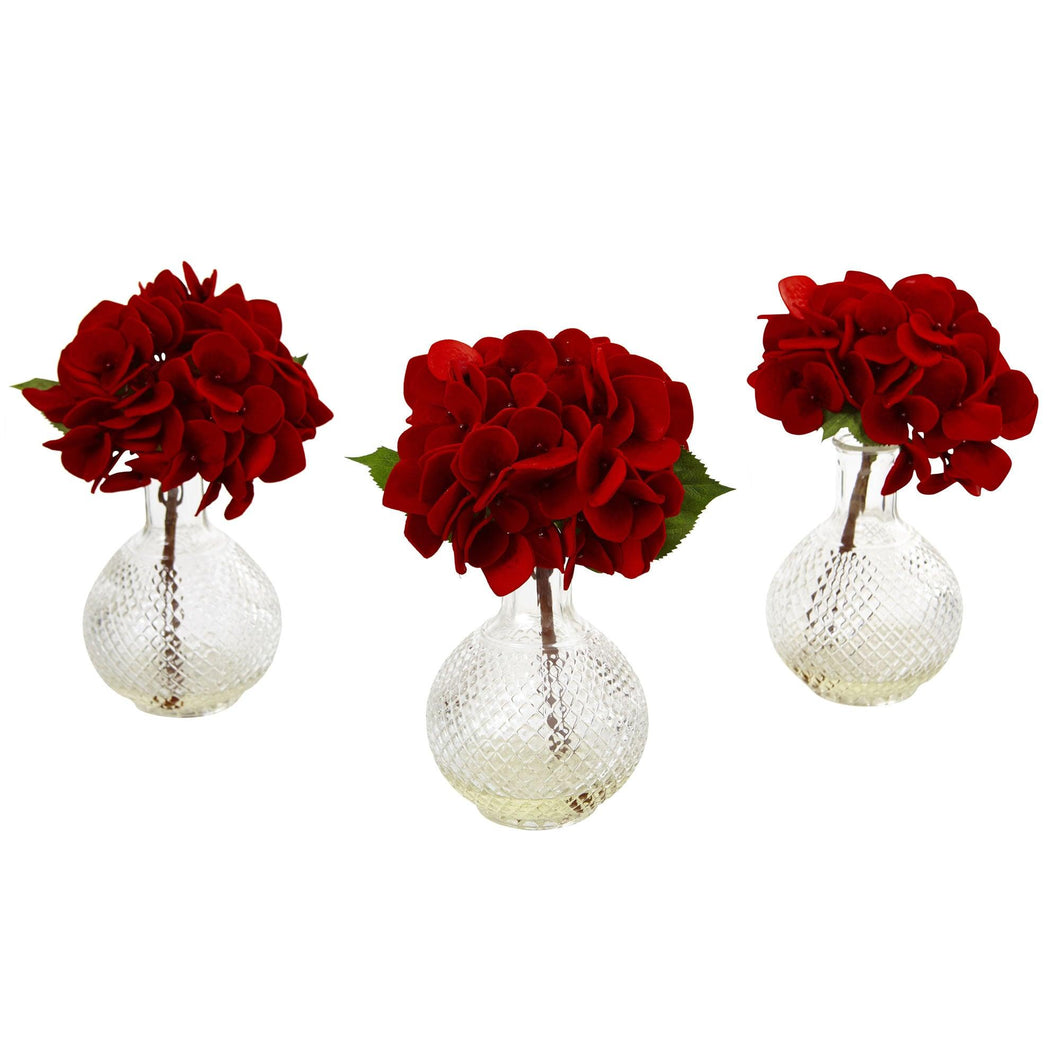 Red Hydrangea w/Glass Vase (Set of 3) - zzhomelifestyle