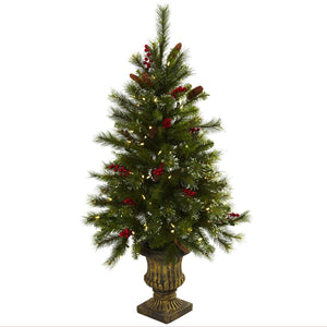 4' Christmas Tree w/Berries, Pine Cones, LED Lights & Decorative Urn - zzhomelifestyle
