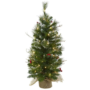 3' Christmas Tree w/Clear Lights Berries & Burlap Bag - zzhomelifestyle