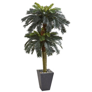 6' Double Sago Palm Artificial Tree Slate Finished Planter - zzhomelifestyle