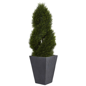 4' Cypress Double Spiral Topiary Artificial Tree in Slate Planter UV Resistant (Indoor/Outdoor) - zzhomelifestyle