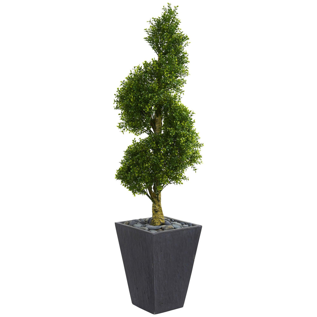 5' Boxwood Spiral Topiary Artificial Tree in Slate Planter UV Resistant (Indoor/Outdoor) - zzhomelifestyle