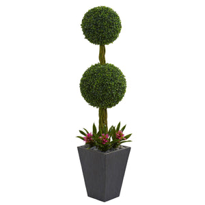 5' Double Boxwood Ball Topiary Artificial Tree in Slate Planter UV Resistant (Indoor/Outdoor) - zzhomelifestyle