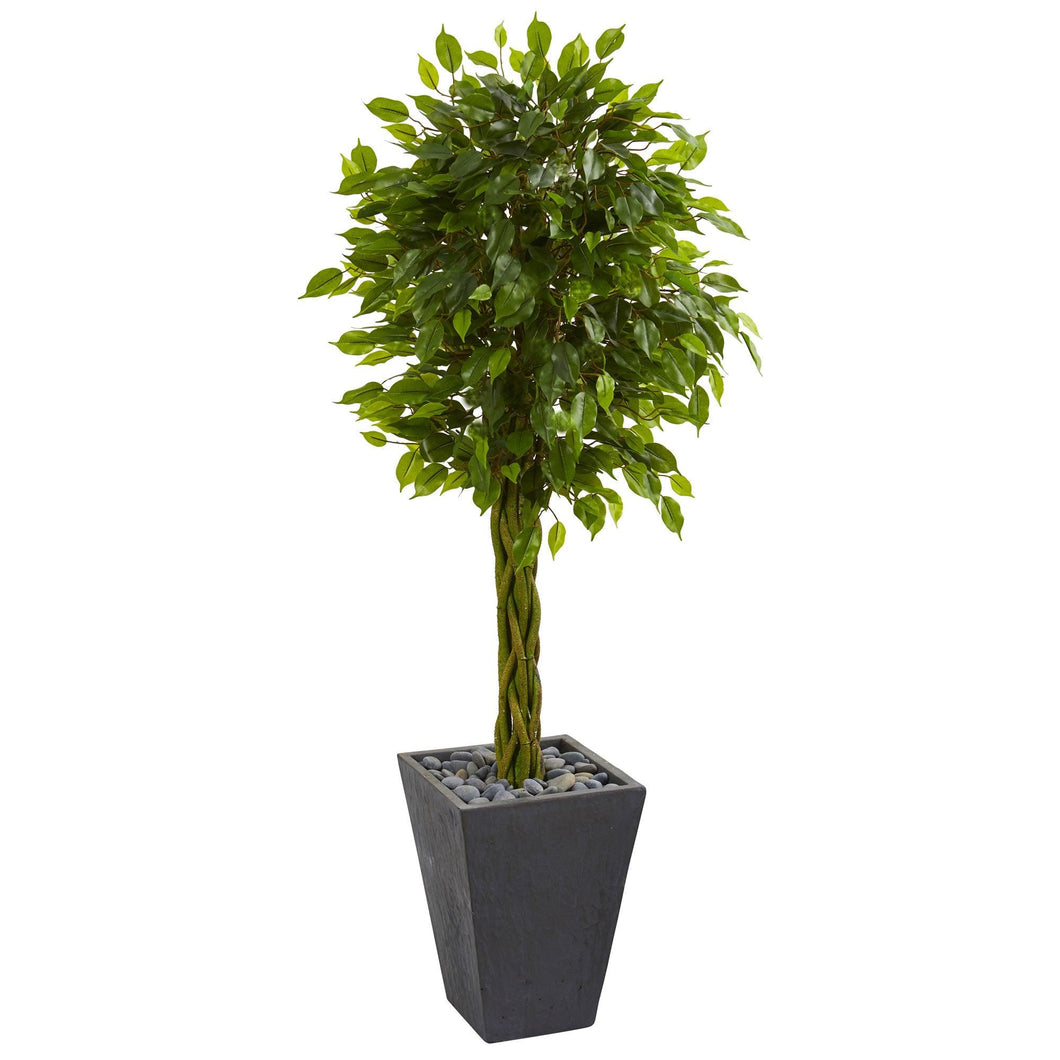 5' Braided Ficus Artificial Tree in Slate Planter UV Resistant (Indoor/Outdoor) - zzhomelifestyle
