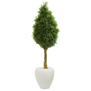 4.5' Boxwood Cone Topiary Artificial Tree in White Oval Planter UV Resistant (Indoor/Outdoor) - zzhomelifestyle