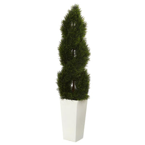 5.5' Double Cypress Spiral Topiary Artificial Tree in White Planter UV Resistant (Indoor/Outdoor) - zzhomelifestyle