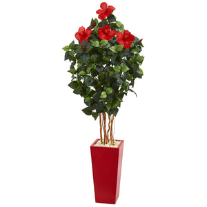 5.5' Hibiscus Artificial Tree in Red Tower Planter - zzhomelifestyle