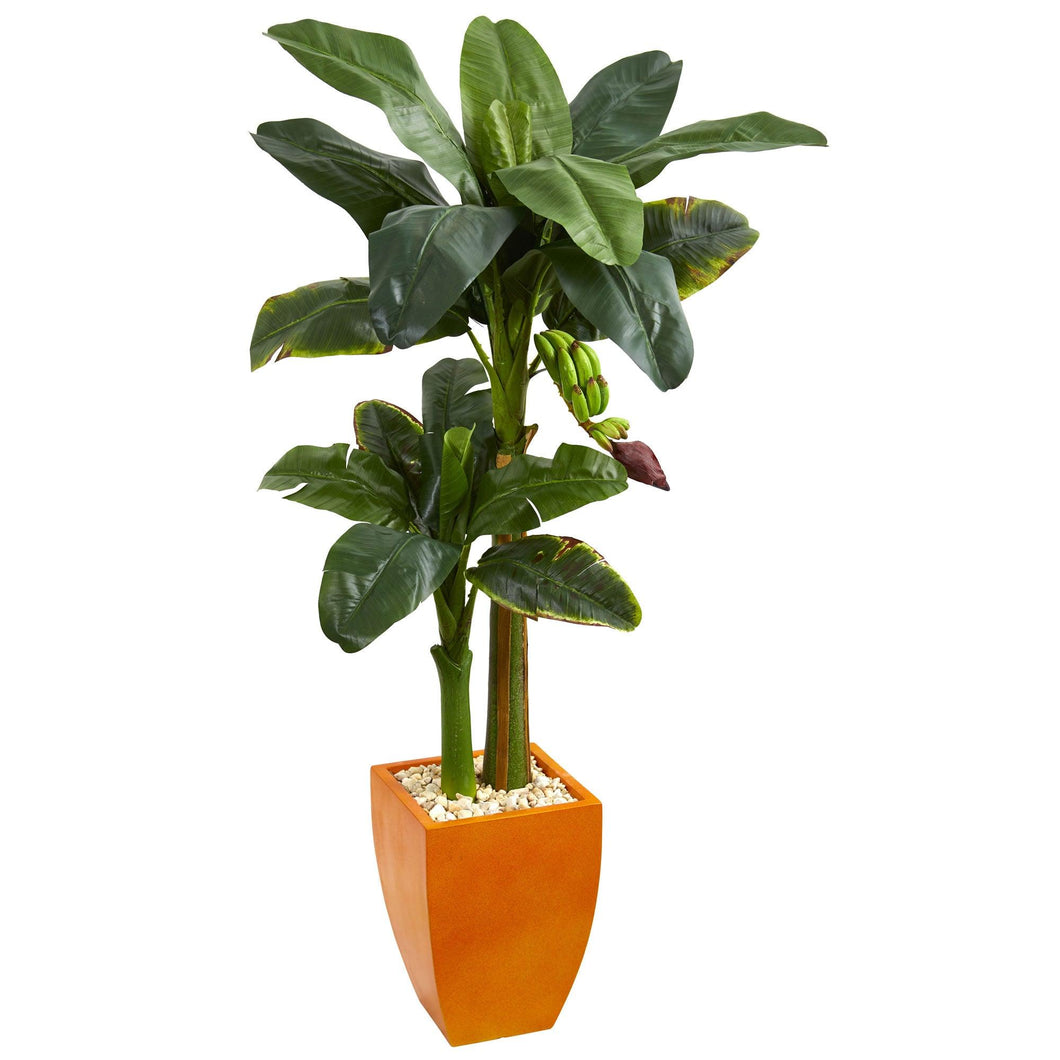 5.5' Double Stalk Banana Artificial Tree in Orange Planter - zzhomelifestyle