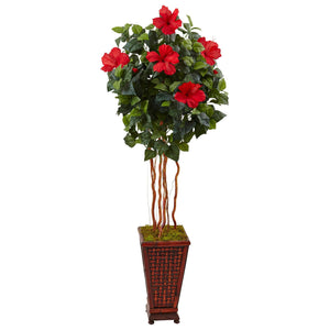 5' Hibiscus Tree in Decorated Wooden Planter - zzhomelifestyle