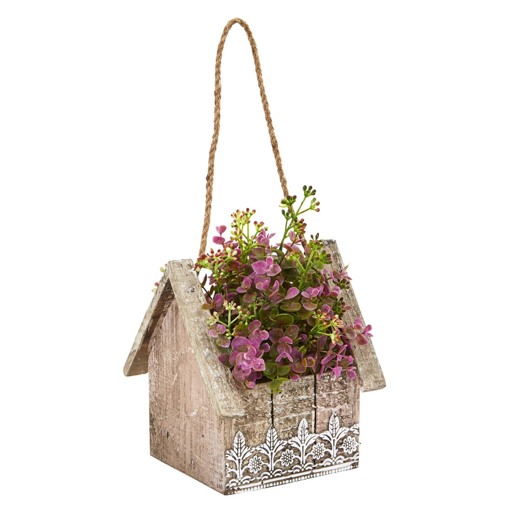 Sedum and Eucalyptus Artificial Plant in Birdhouse Hanging Basket - zzhomelifestyle