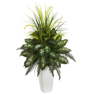 Mixed River Fern and Dogtail Artificial Plant in White Tower Planter - zzhomelifestyle