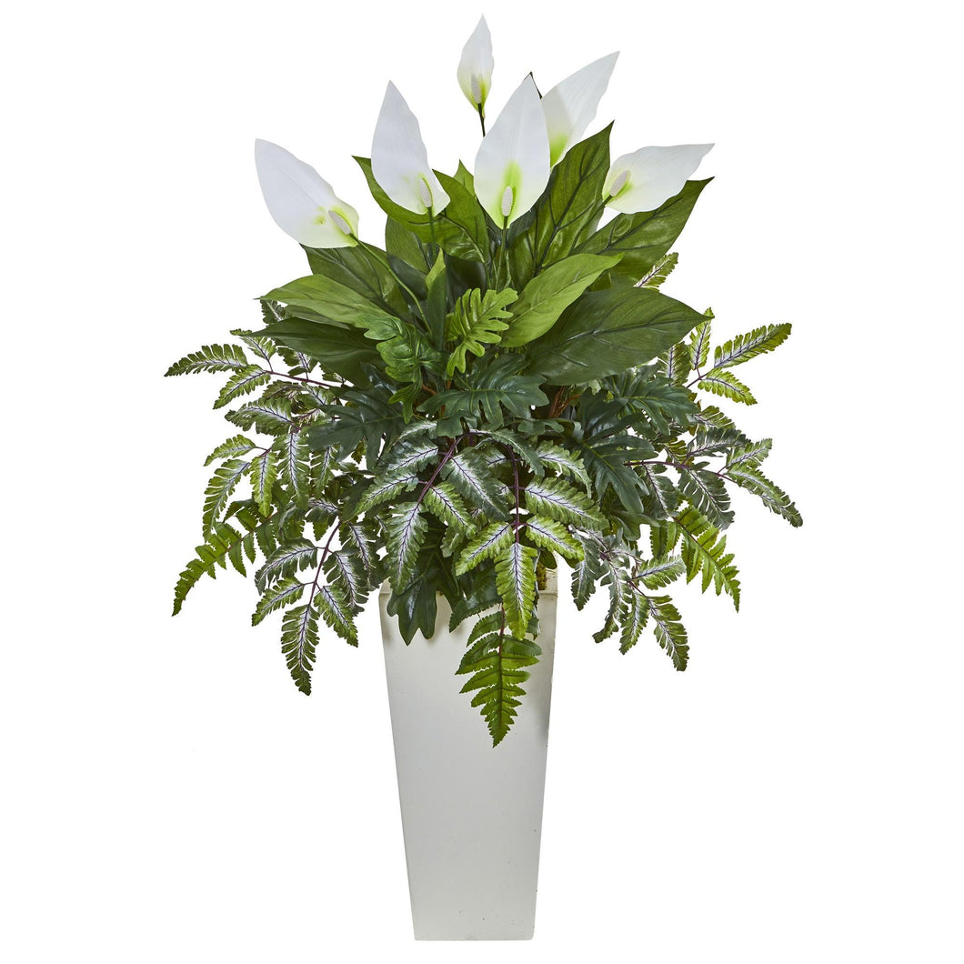 Mixed Spathifyllum Artificial Plant in White Tower Vase - zzhomelifestyle