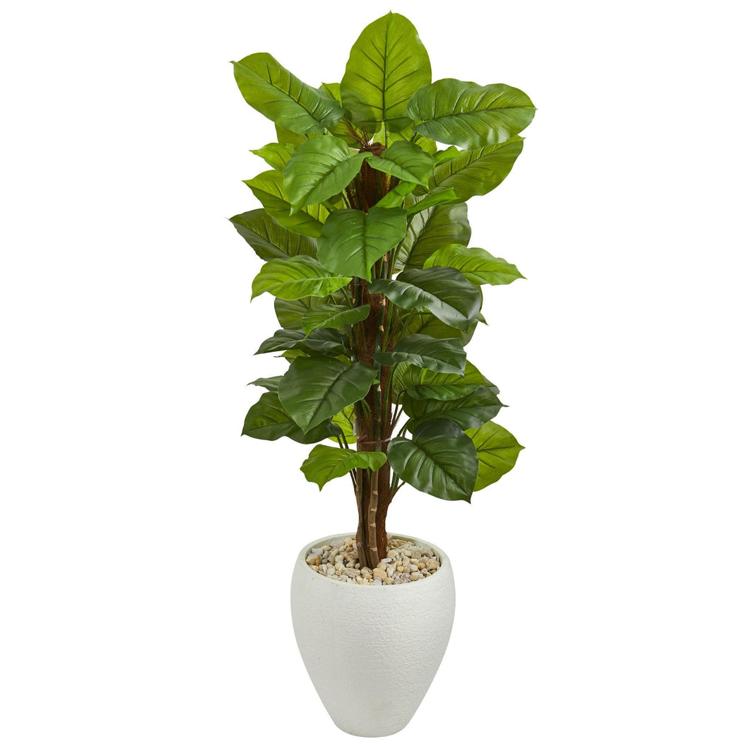 5' Large Leaf Philodendron Artificial Plant in White Oval Planter (Real Touch) - zzhomelifestyle