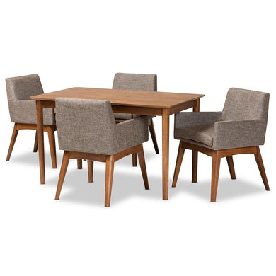 BAXTON STUDIO DORINA MID-CENTURY MODERN GRAVEL FABRIC UPHOLSTERED AND WALNUT BROWN FINISHED WOOD 5-PIECE DINING SET - zzhomelifestyle